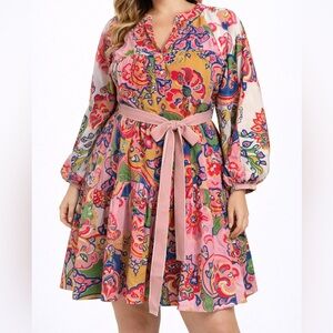 Floral Long Sleeve Dress - Pink and Multicolor